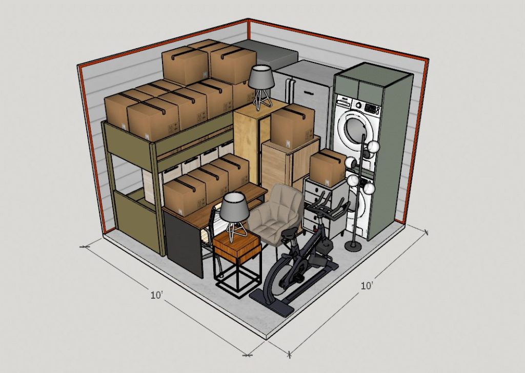 10x10 storage unit with furniture, boxes and some misc things inside
