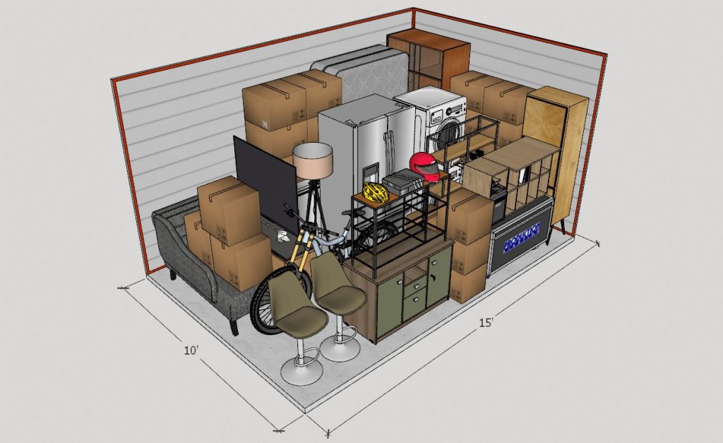 10x15 storage unit with furniture, boxes and some misc things inside