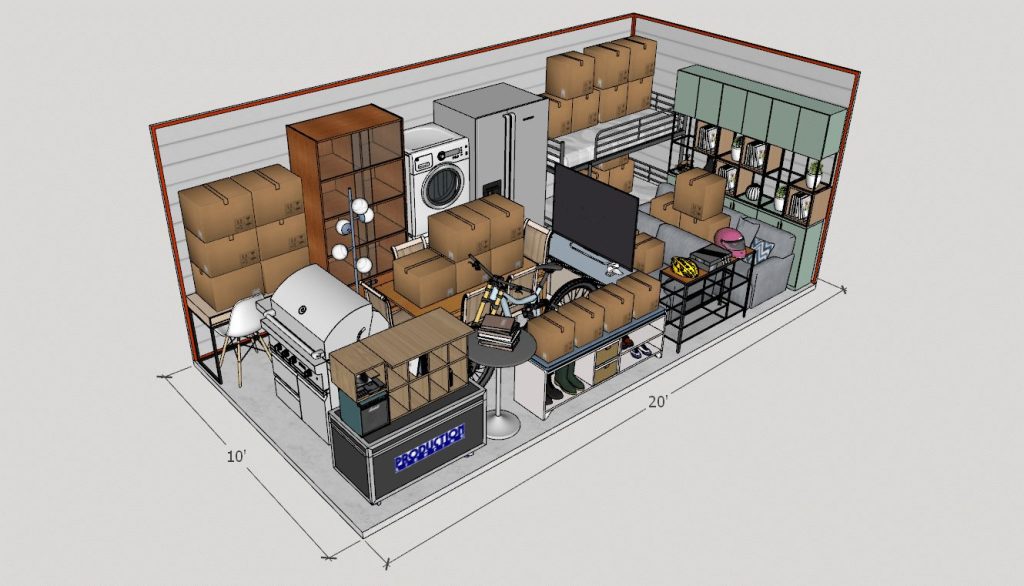 10x20 storage unit with furniture, boxes and some misc things inside