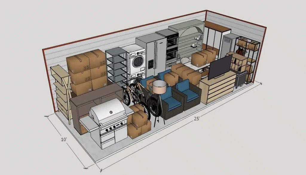 10x25 storage unit with furniture, boxes and some misc things inside