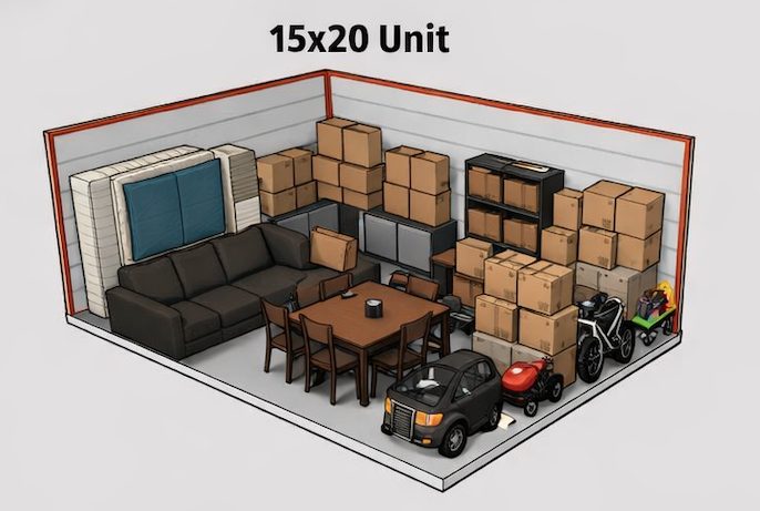 15x20 storage unit with furniture, boxes and some misc things inside