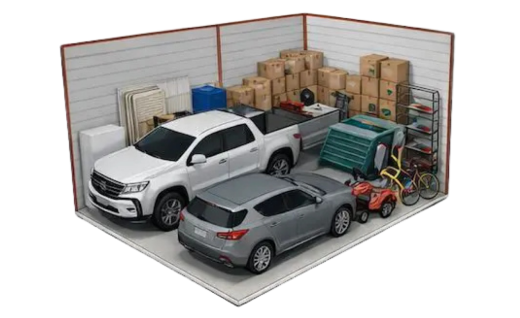25x35 storage unit with boxes and cars