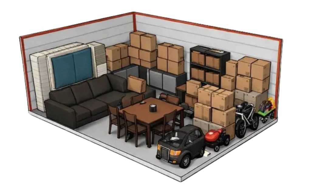 Large storage unit with boxes and furniture